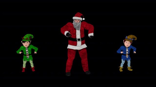 Santa And Elfs Christmass Dancing animation.Full HD 1920&times;1080.17 Second Long.Transparent Alpha video.