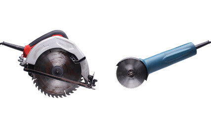 red circular saw and blue electric grinder isolated white background