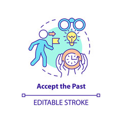 Accept past concept icon. Moving forward. Cope with problems. Dealing with change abstract idea thin line illustration. Isolated outline drawing. Editable stroke. Arial, Myriad Pro-Bold fonts used