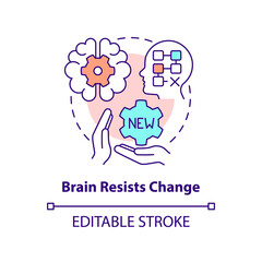 Brain resists change concept icon. Avoid transformation. Resisting changes reason abstract idea thin line illustration. Isolated outline drawing. Editable stroke. Arial, Myriad Pro-Bold fonts used