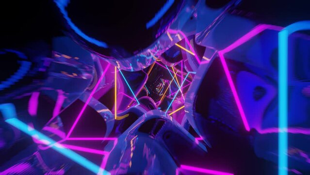 Abstract seamless looped animation of neon, glowing light tubes, lasers