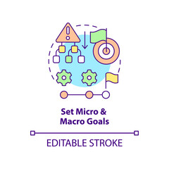 Set micro and macro goals concept icon. Step by step achievement. Adaptability tip abstract idea thin line illustration. Isolated outline drawing. Editable stroke. Arial, Myriad Pro-Bold fonts used