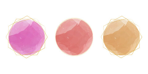 SET watercolor frame with golden stroke template for sale, cosmetic, instagram. Pink, nude, beige blot, splash isolated on white	