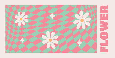 Wavy Swirl Groovy daisy Pattern. Seventies Style, Hippie Background, Psychedelic wave Wallpaper. Hand Drawn flat Vector Illustration