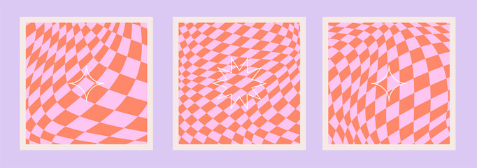 Wavy Swirl Groovy Pattern Set on red and pink colors. Seventies Style, Hippie Background, Psychedelic wave Wallpaper. Hand Drawn flat Vector Illustration