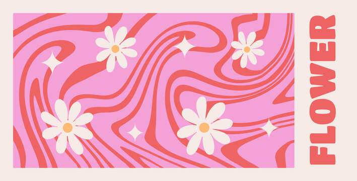 Wavy Swirl Groovy daisy Pattern Set on red and pink colors. Seventies Style, Hippie Background, Psychedelic wave Wallpaper. Hand Drawn flat Vector Illustration