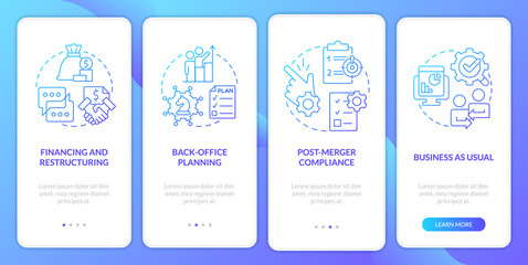 Business merger stages blue gradient onboarding mobile app screen. Corporate walkthrough 4 steps graphic instructions with linear concepts. UI, UX, GUI template. Myriad Pro-Bold, Regular fonts used