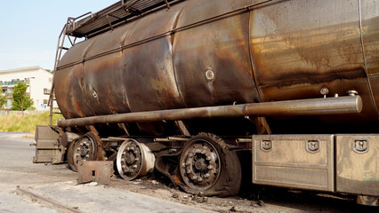 burnt out tank truck that was carrying dangerous goods
