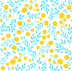 Fototapeta na wymiar Print. Vector seamless background with bright small flowers yellow-blue color. Wildflowers. Bright vector botanical pattern. fabric, paper. Wallpaper.