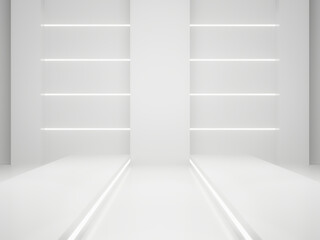 3D White Sci-Fi product display mockup. Scientific podium with white neon lights.