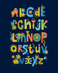 Print. Funny english alphabet. Bright floral lettering. Typographic poster for kids education. Preschool education. cute bright poster for kids