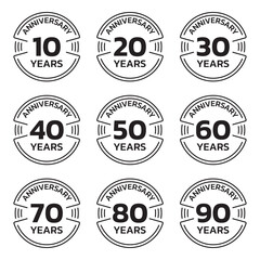 Anniversary logo or icon set. 10,20,30,40,50,60,70,80,90 years round stamp collection. Birthday celebrating, jubilee circle badge or label templates. Vector illustration.