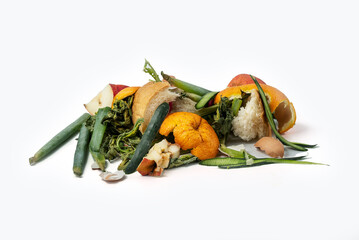 Organic waste ready to recycle, isolated on white background. Organic leftovers, kitchem scraps,...
