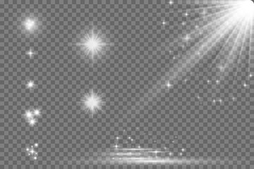 Stars ligh collection. Vector transparent sunlight special lens flare light effect. PNG. Bom light. Vector illustration