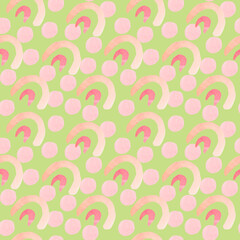 Watercolor Seamless pattern with abstract shapes on lime green.Repeating print with colorful textures simple hand drawing.Designs for textiles,fabric,wrapping paper,printing,wallpaper,packaging.
