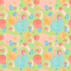 Watercolor Seamless pattern with abstract shapes on lime green.Repeating print with colorful textures simple hand drawing.Designs for textiles,fabric,wrapping paper,printing,wallpaper,packaging.
