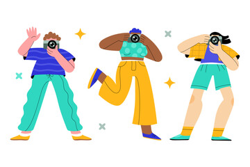 Male and female photographers stand in funny positions and take pictures or filming videos with cameras. World photography day. Full length characters. Flat hand drawn cartoon vector illustration