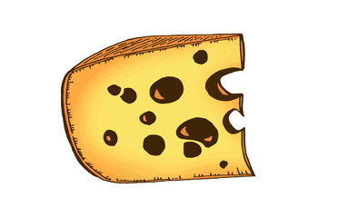 Vector color piece of cheese with holes, graphical illustration, dairy product