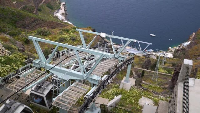 4k Footage of the cable car that operates in Fira, Santorini. Old port of Thera on the Greek island of Santorini has a cable car that travels up and down the cliff face.