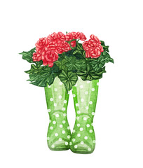 Obraz premium Watercolor wellies with flowers illustration in provence style. Rubber boots. Bouquet of flowers.