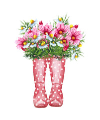Watercolor wellies with flowers illustration in provence style. Rubber boots. Bouquet of flowers.