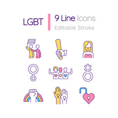 LGBT RGB color icons set. Sexual orientation and identity. Community movement. Rights and freedom. Isolated vector illustrations. Simple filled line drawings collection. Editable stroke