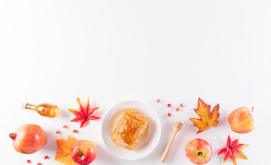 Rosh hashanah (jewish New Year holiday), Concept of traditional or religion symbols on white background.