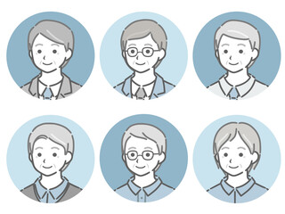 高齢男性の斜め向き丸アイコンセット
