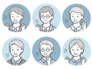 喜ぶ高齢男性の斜め向き丸アイコンセット