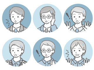 驚く高齢男性の斜め向き丸アイコンセット