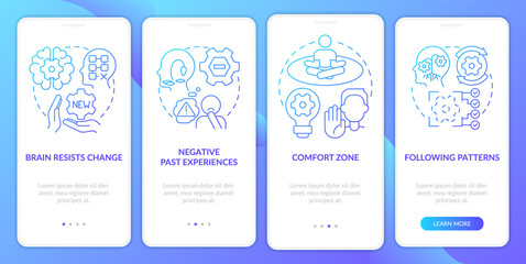 Why we resist change blue gradient onboarding mobile app screen. Inflexibility walkthrough 4 steps graphic instructions with linear concepts. UI, UX, GUI template. Myriad Pro-Bold, Regular fonts used