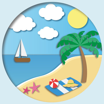 beach with palm tree, sea and ship in paper style