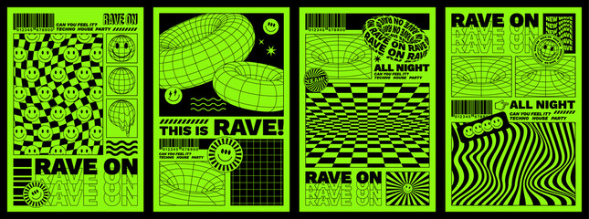 Rave psychedelic acid posters. Trippy illustrations, surreal geometric shapes, smile, abstract backgrounds and patterns. Retro futuristic vector flyers and cards in trendy psychedelic weird 90s style.