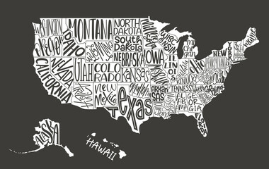 United States of America map text state names letter. USA map. Vector illustration on a white backgound. Travel design USA typography with states. American silhouette map for poster, t-shirt.