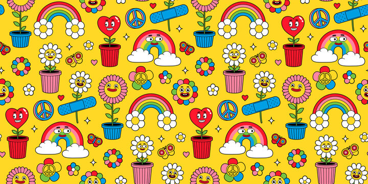 Naklejka Groovy cartoon seamless pattern. Funny happy Earth, Peace, Love, rainbow, heart, flower, daisy. Vector background in trendy retro cartoon style. Hippie 60s, 70s style. Flower power.