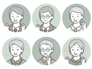 喜ぶ高齢男性の斜め向き丸アイコンセット