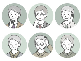 困る高齢男性の斜め向き丸アイコンセット