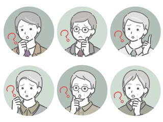 疑問に思う高齢男性の斜め向き丸アイコンセット