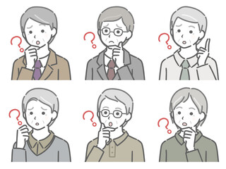 疑問に思う高齢男性の斜め向き上半身セット