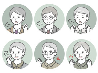 怒る高齢男性の斜め向き丸アイコンセット