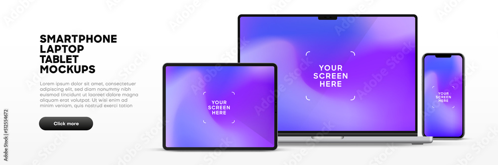 Poster Modern laptop mockup front view and high quality smartphone and tablet mockup isolated on white background. Notebook mockup and phone device mockup for ui ux app and website presentation.Stock Vector.