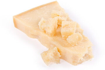 Different pieces of hard cheese close-up on white background