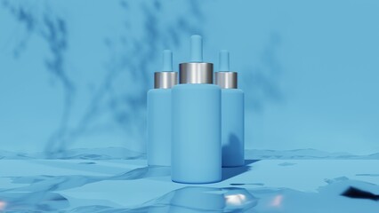 Background for the presentation of cosmetics. Three blue bottles of face oil on a blue background with water, with a shadow of the leaves. Template for cosmetics presentation. Cosmetics 3D render.