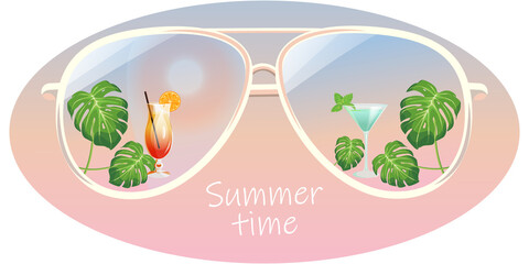 Summer time.Illustration of sunglasses with cocktails and monstera leaves on a sunset background.The concept of sunglasses for summer holidays, parties.