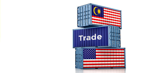 Cargo containers with Malaysia and USA national flags. 3D Rendering
