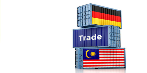 Cargo containers with Malaysia and Germany national flags. 3D Rendering