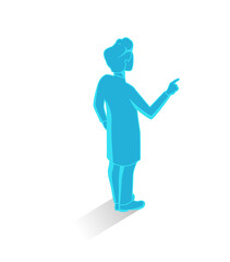 Isometric character of businessman in a blue suit office, showing something.  Isolated on white.