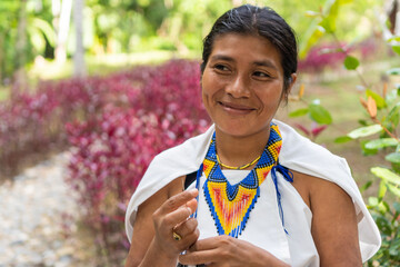 portrait of a Colombian woman in traditional clothing. Beautiful shot of a young indigenous woman...