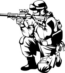 a vector silhouette illustration of a soldier shooting.