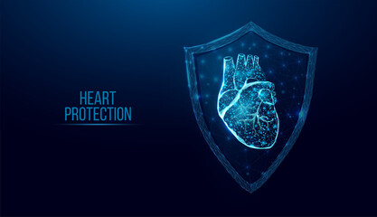 Human heart protection. Wireframe low poly style. Concept for medical science, cardiology illness.  Abstract modern 3d vector illustration on dark blue background. - obrazy, fototapety, plakaty
